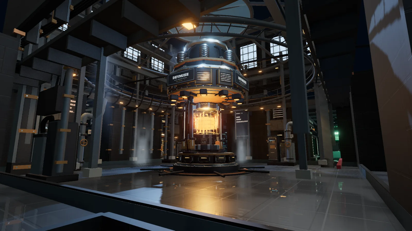 The Facility’s industrial atrium, with a glowing central machine, overhead walkways, steelwork, pipes and a reflective floor.