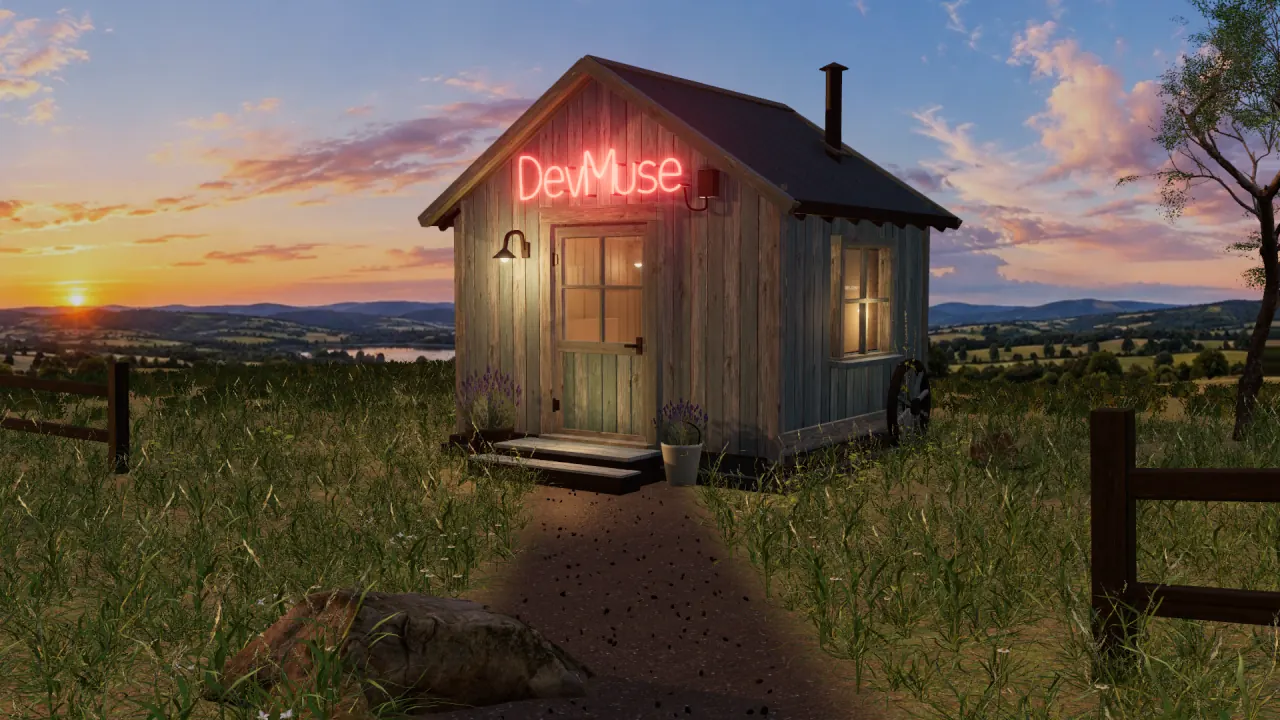 A weathered wooden shack in the countryside at sunset, with a warm doorway and a glowing DevMuse sign.