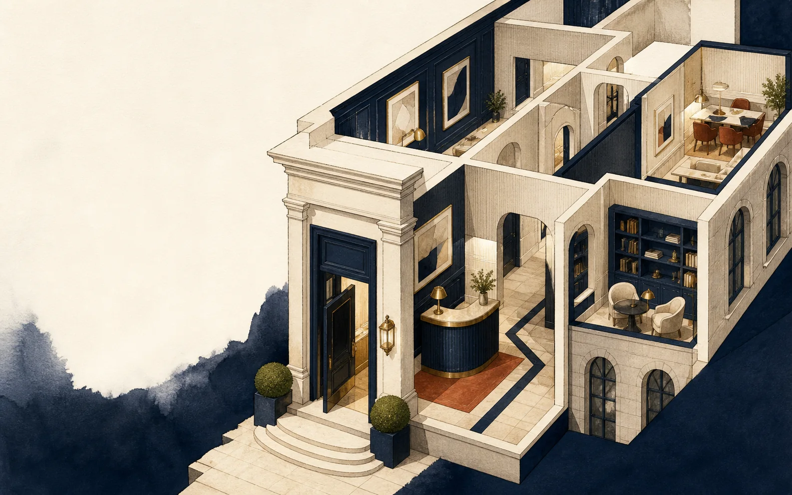 An architectural cutaway showing a clear entrance and connected rooms