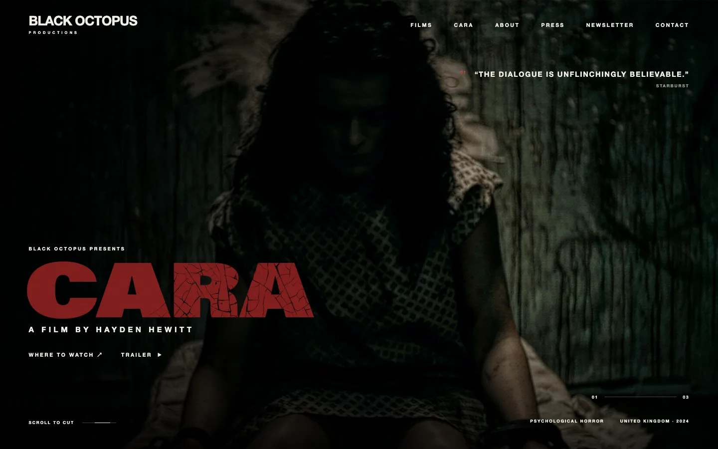 Black Octopus Productions website showing the film Cara