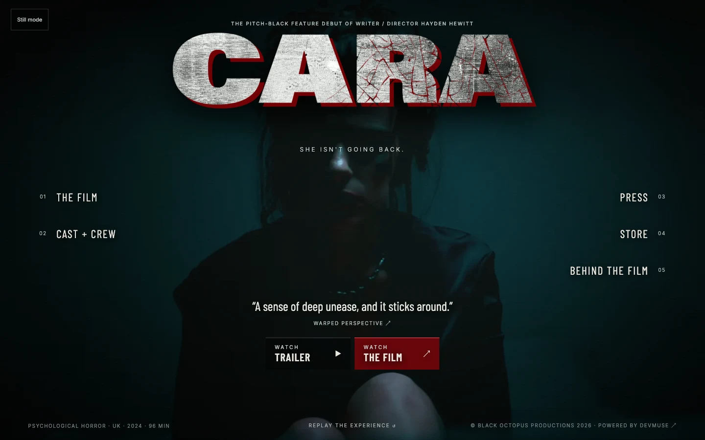 Current CARA film hub with trailer, watch, cast, press and behind-the-film navigation