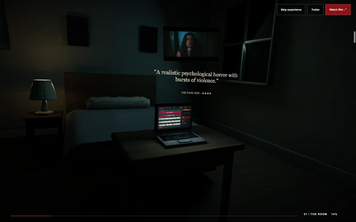 Cara’s three-dimensional bedroom with a bed, laptop, film portrait and review