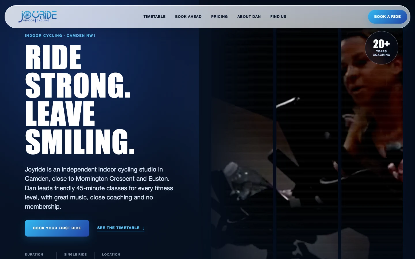 Joyride Indoor Cycling website homepage